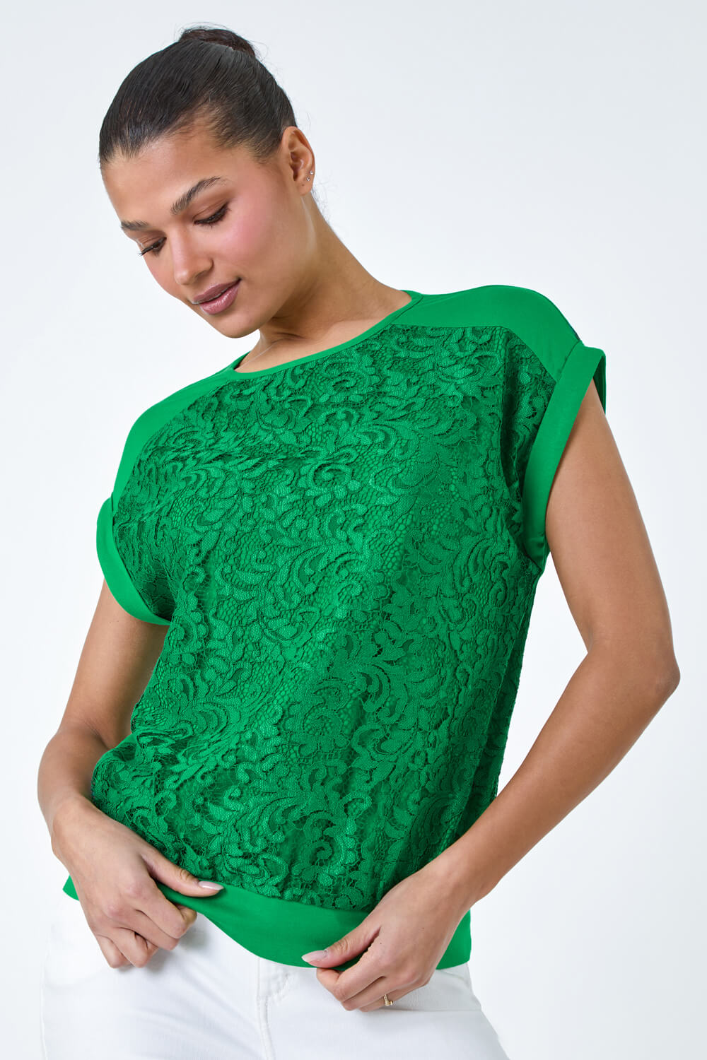 Green Lace Panel Stretch Jersey Top, Image 2 of 5