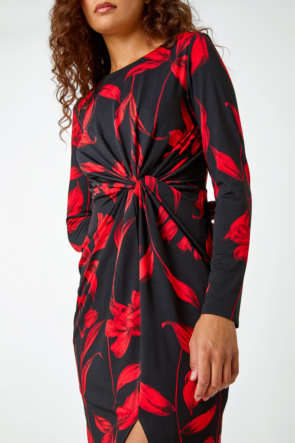 Red Floral Print Twist Detail Stretch Dress, Image 5 of 5