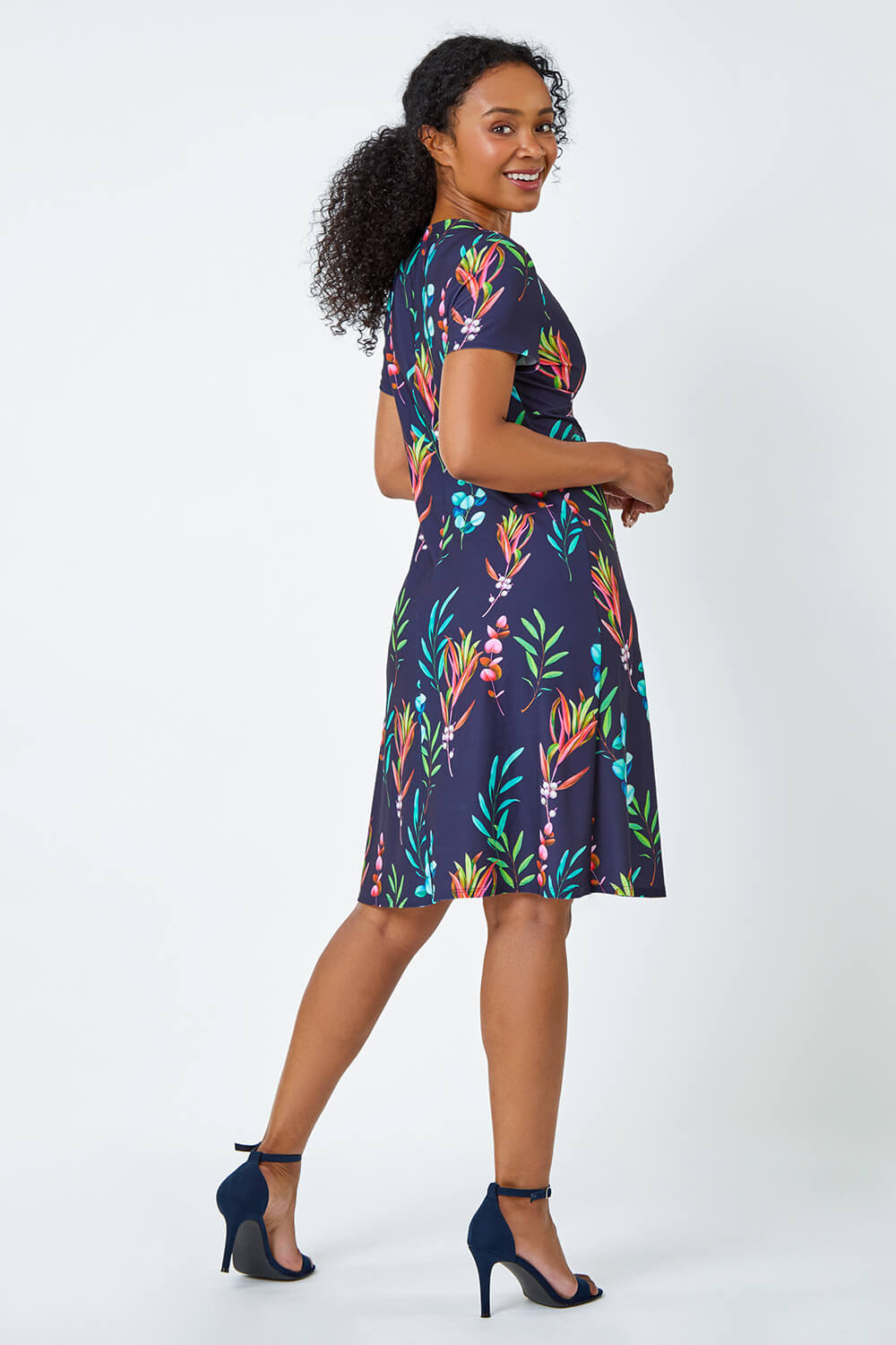 Navy  Petite Floral Twist Detail Stretch Dress, Image 3 of 5