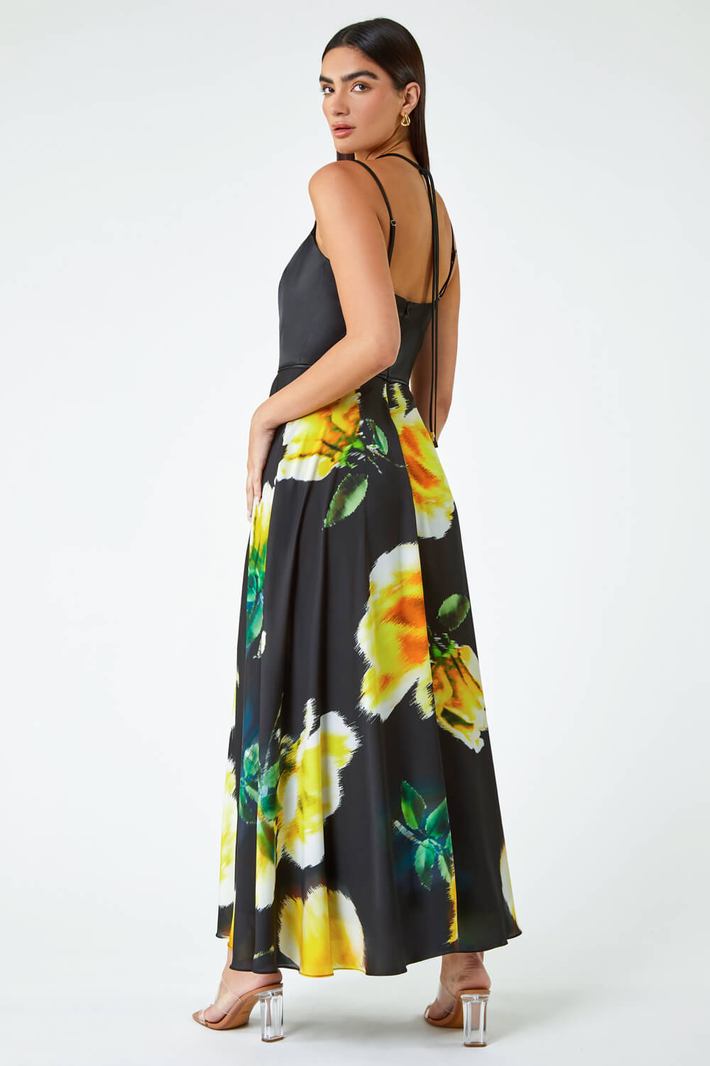 Black Luxe Floral Fit & Flare Maxi Dress, Image 3 of 6