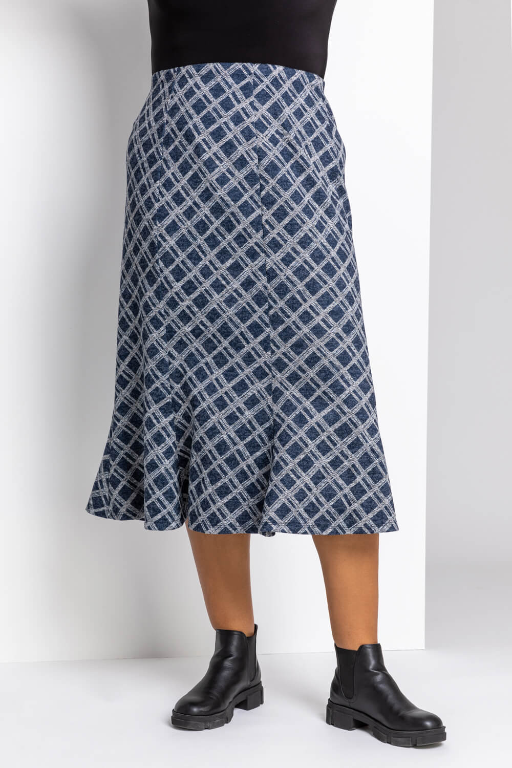 Navy  Curve Check Print Fluted Skirt, Image 2 of 4
