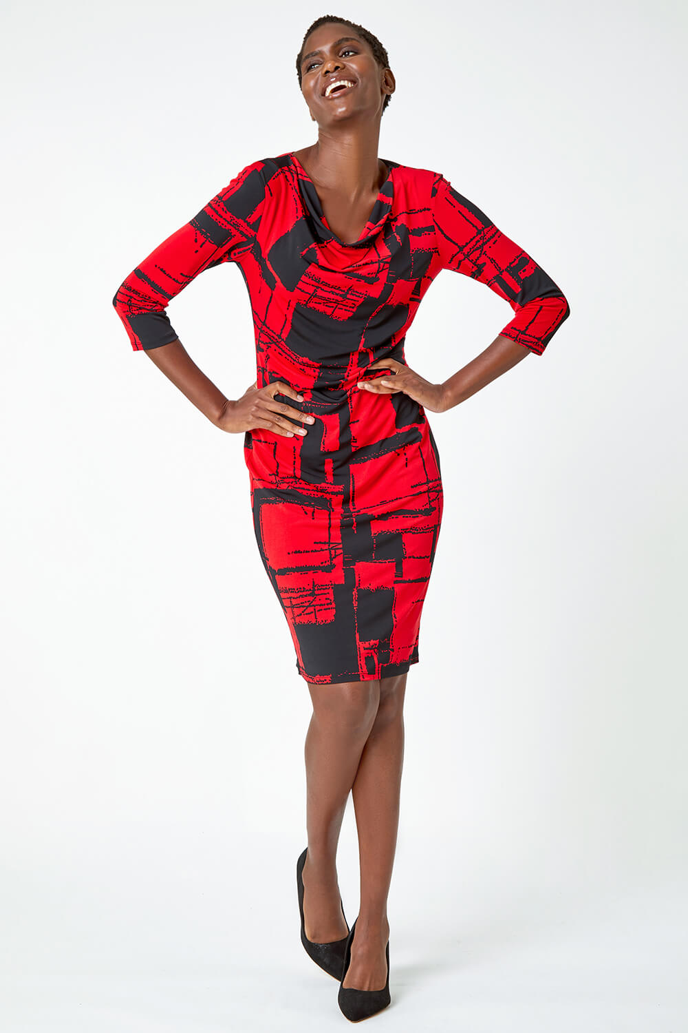 Red Abstract Print Cowl Neck Stretch Dress, Image 2 of 5