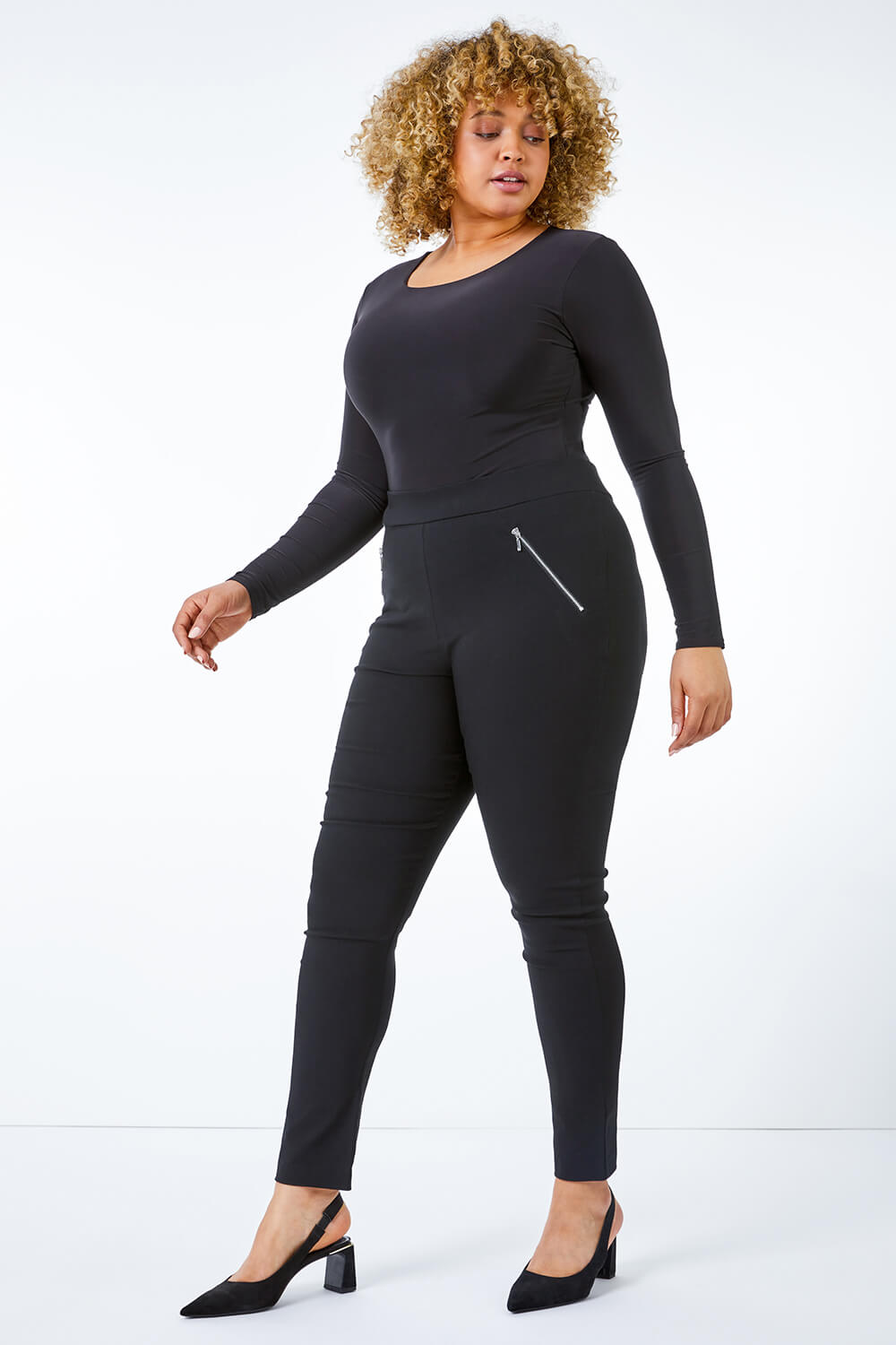 Black Curve Full Length Zip Stretch Trouser, Image 2 of 5