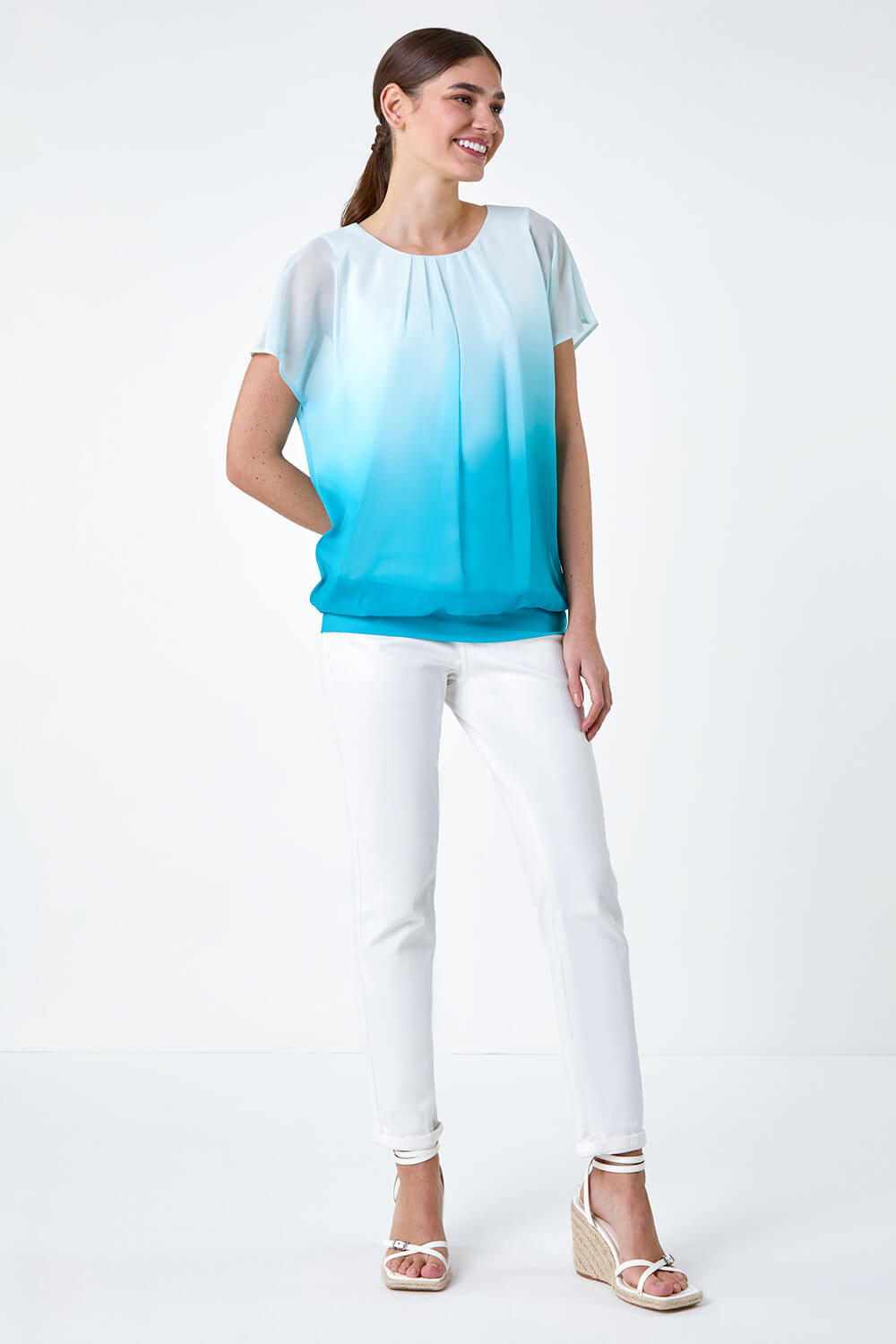 Blue Ombre Chiffon Overlay Blouson Top, Image 2 of 5