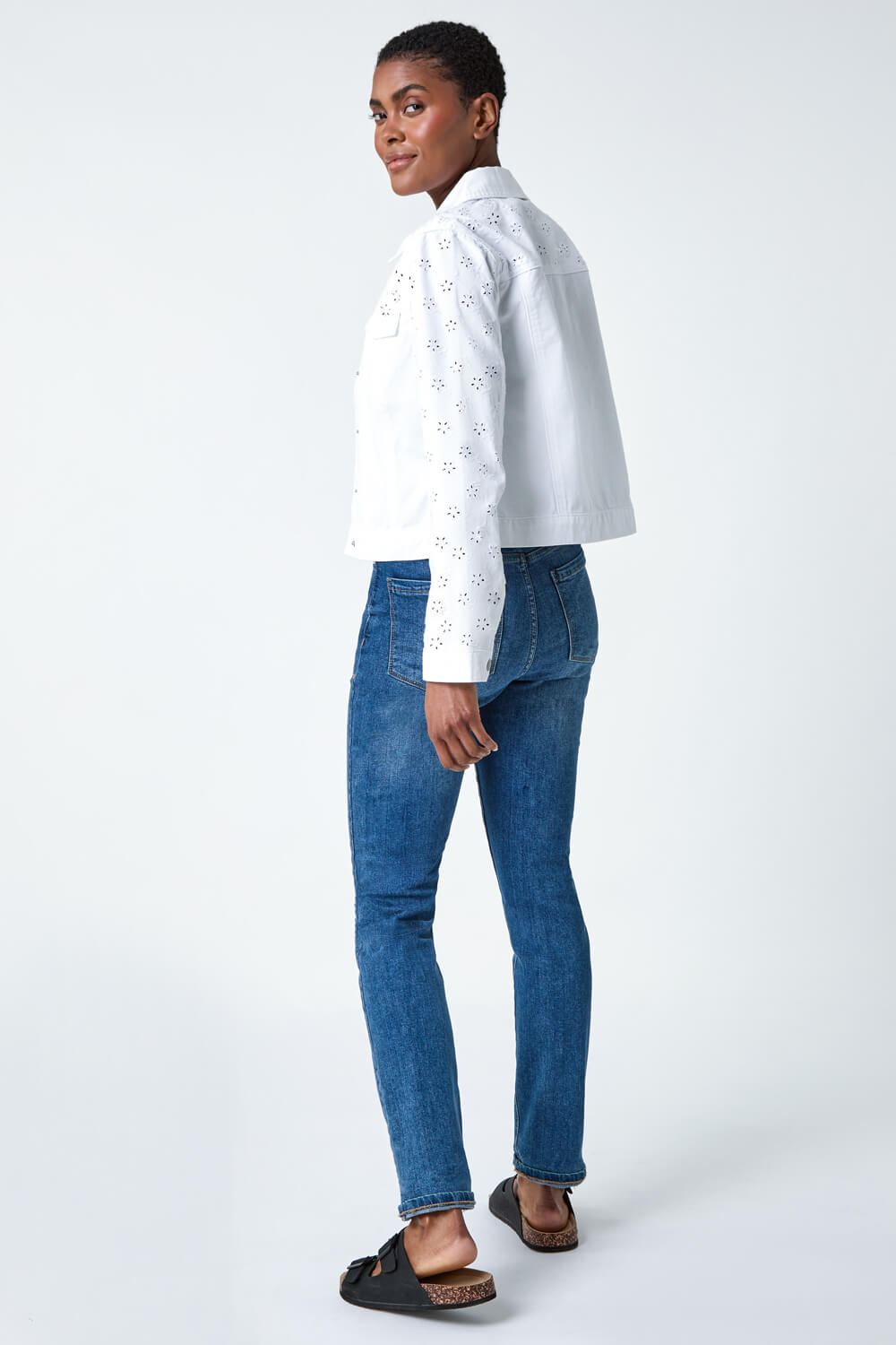White Cotton Blend Broderie Sleeve Jacket, Image 3 of 5