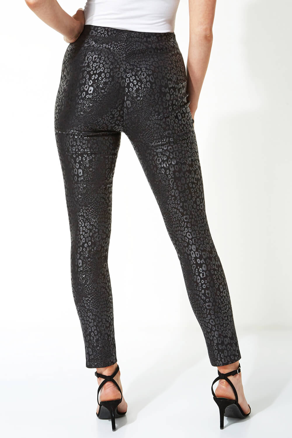 Black Animal Print Full Length Stretch Trousers, Image 2 of 4