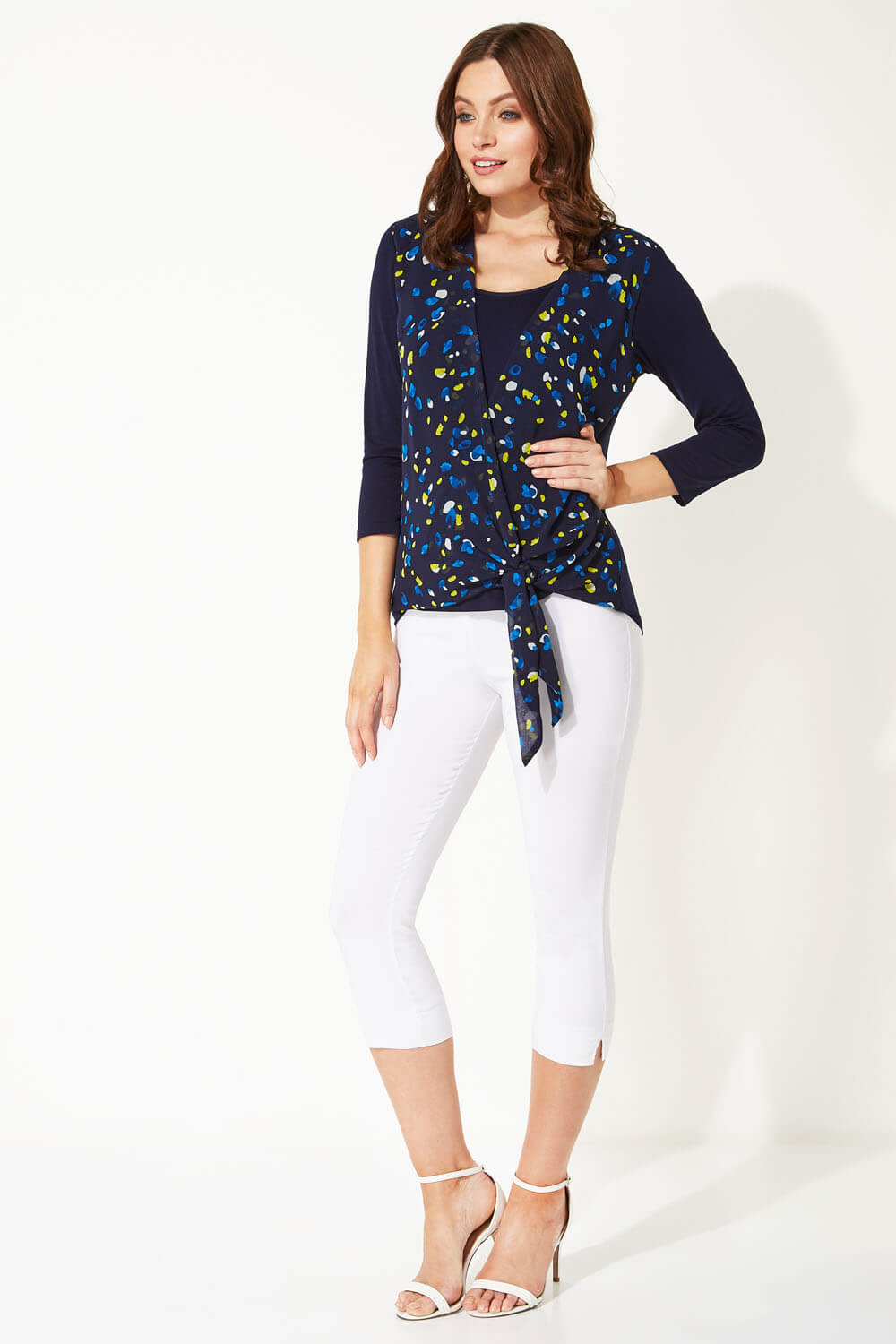 Navy  Wrap Over Abstract Print Tie Top, Image 2 of 8