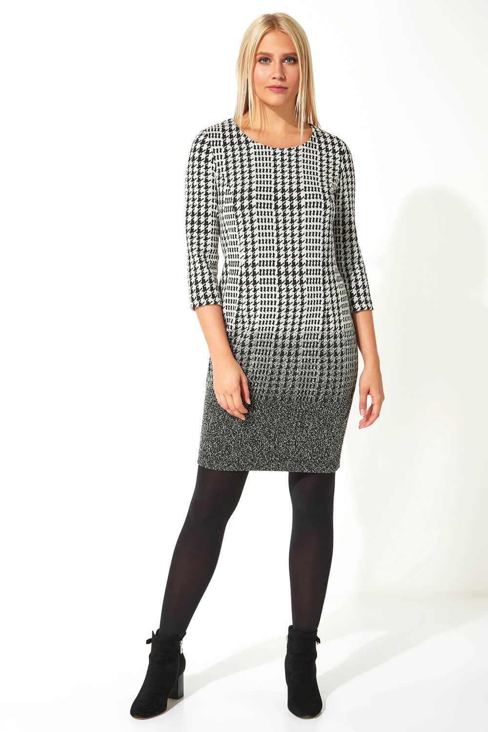 Black Dogtooth Check Ombre Textured Shift Dress, Image 2 of 5
