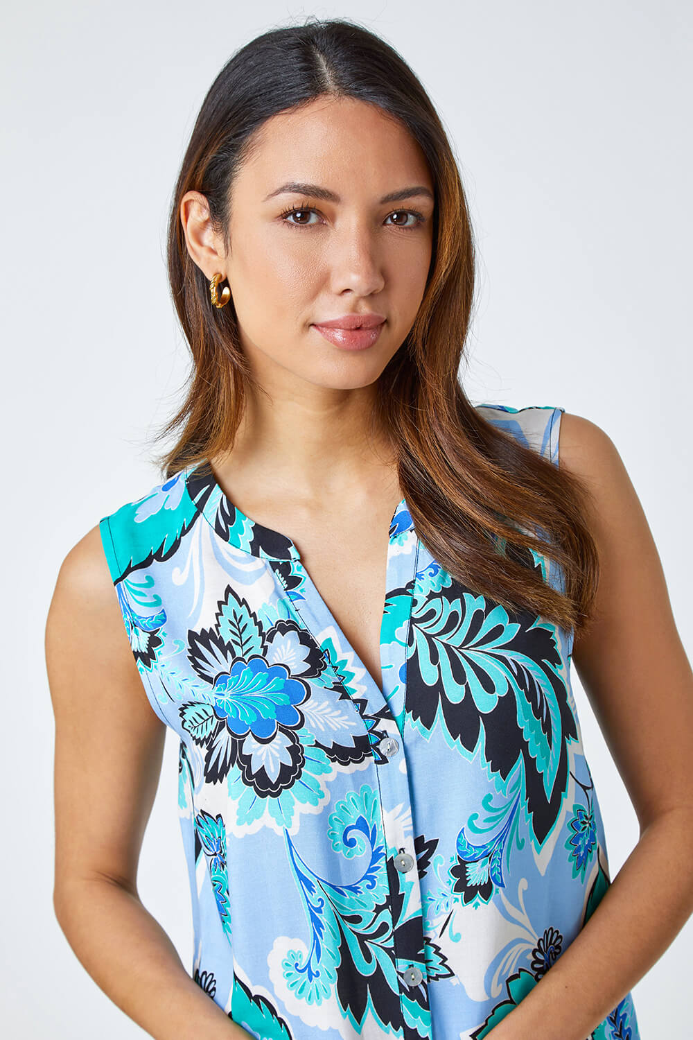 Blue Paisley Contrast Border Print Top, Image 4 of 5