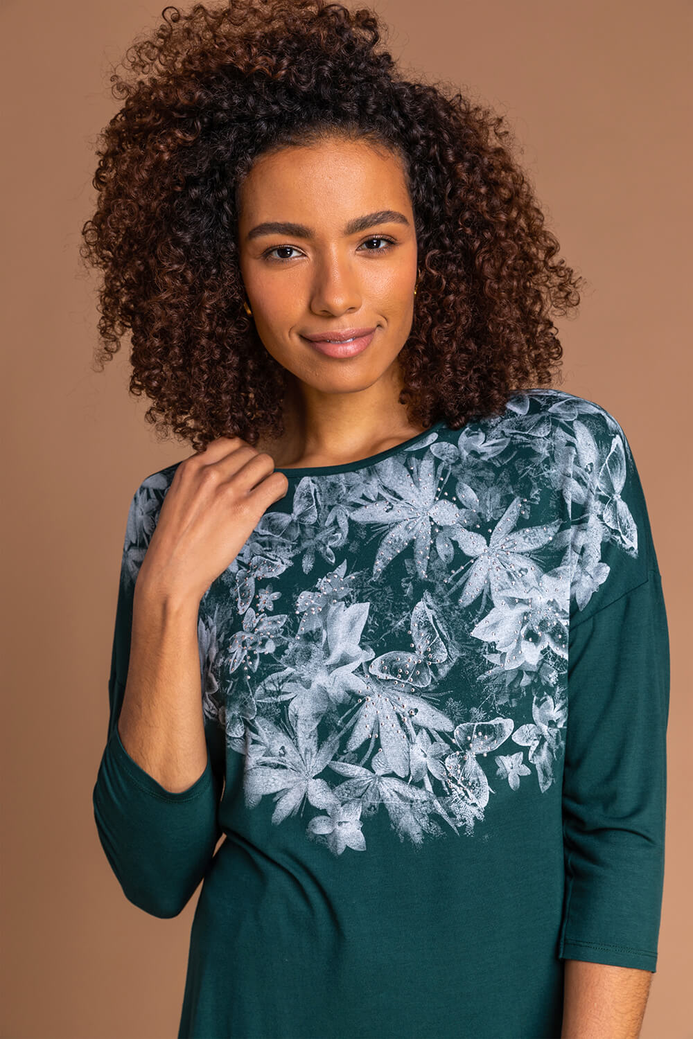 Emerald Floral Butterfly Print Top, Image 2 of 5