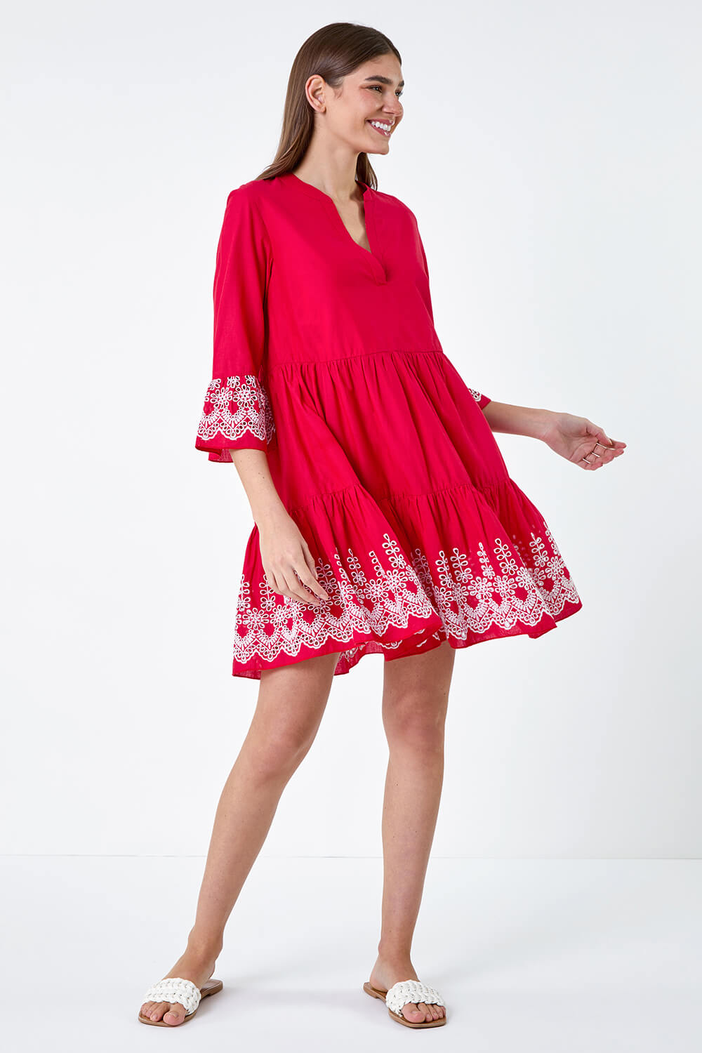 Red Embroidered Cotton Smock Dress, Image 2 of 5