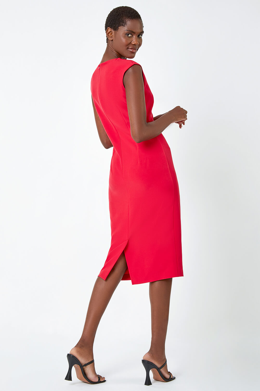 Red Sleeveless Pleated Stretch Ruched Dress, Image 3 of 5