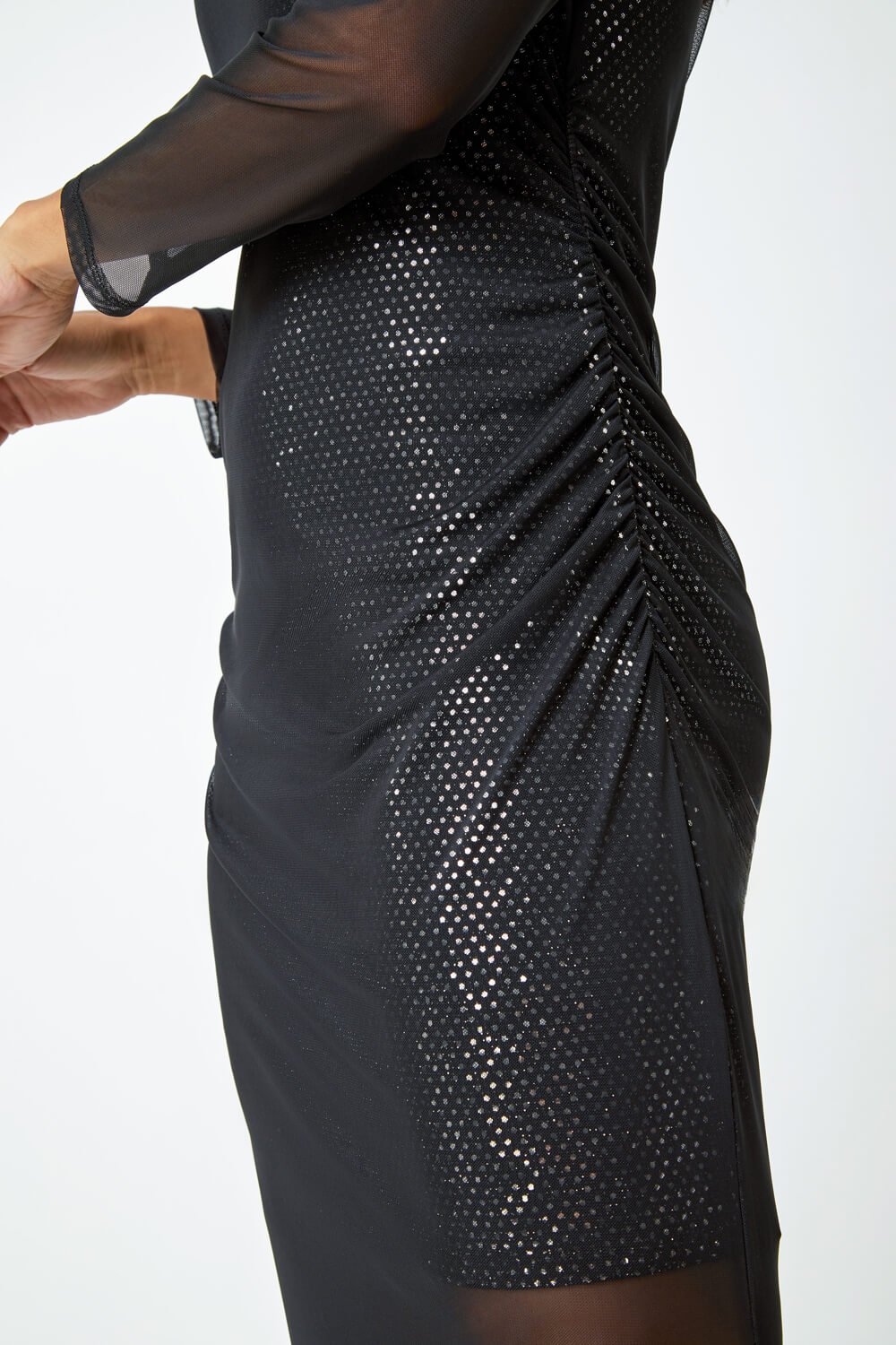 Black Sequin Mesh Overlay Stretch Ruched Midi Dress, Image 4 of 5