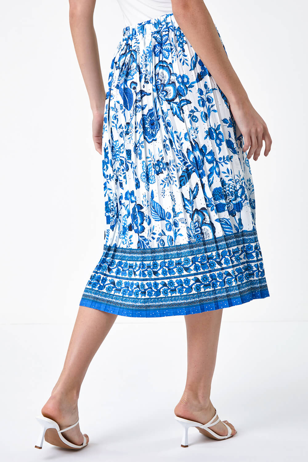 Blue Floral Broderie Stretch Pleated Midi Skirt, Image 3 of 5