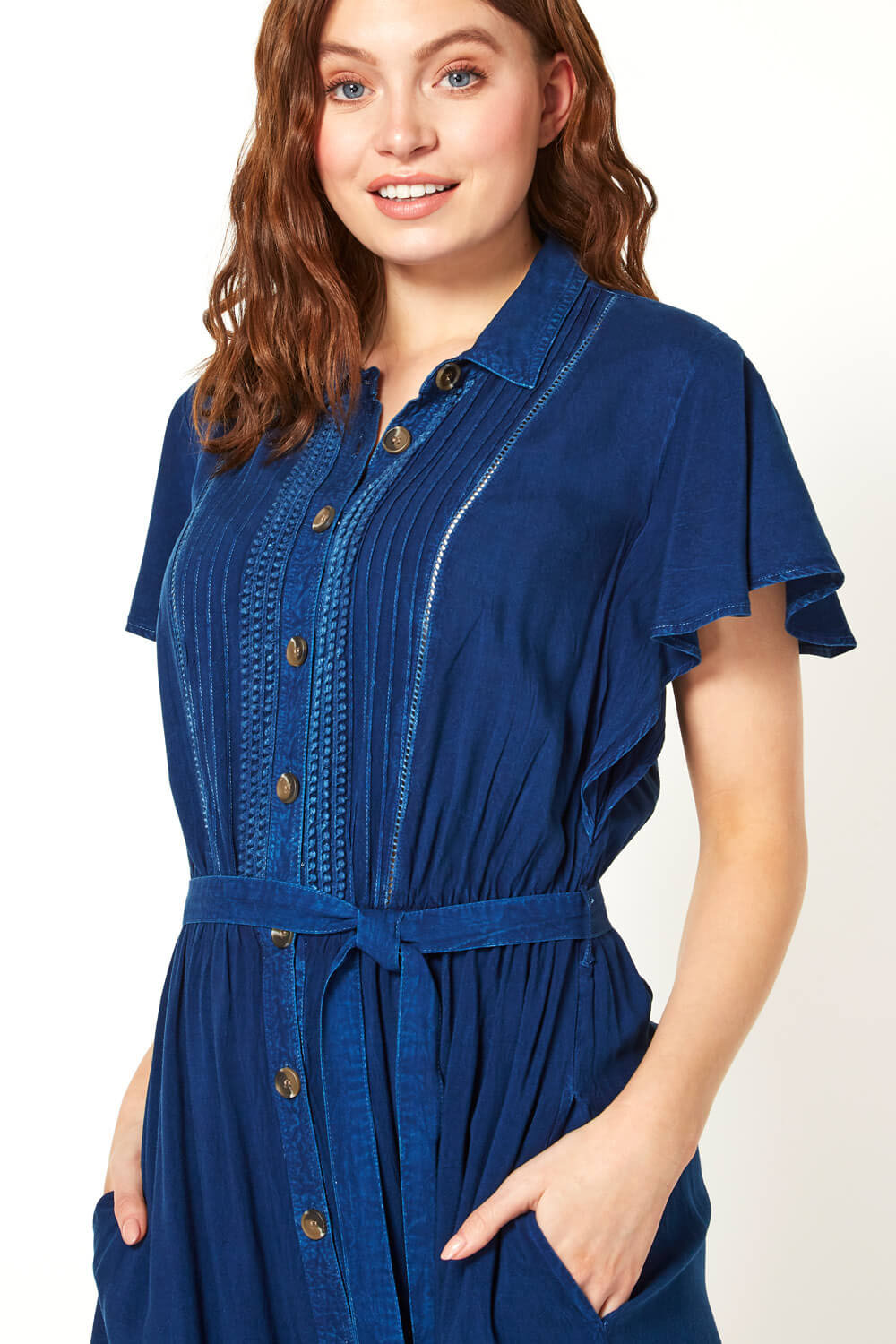 Denim Embroidered Midi Length Shirt Dress, Image 3 of 4