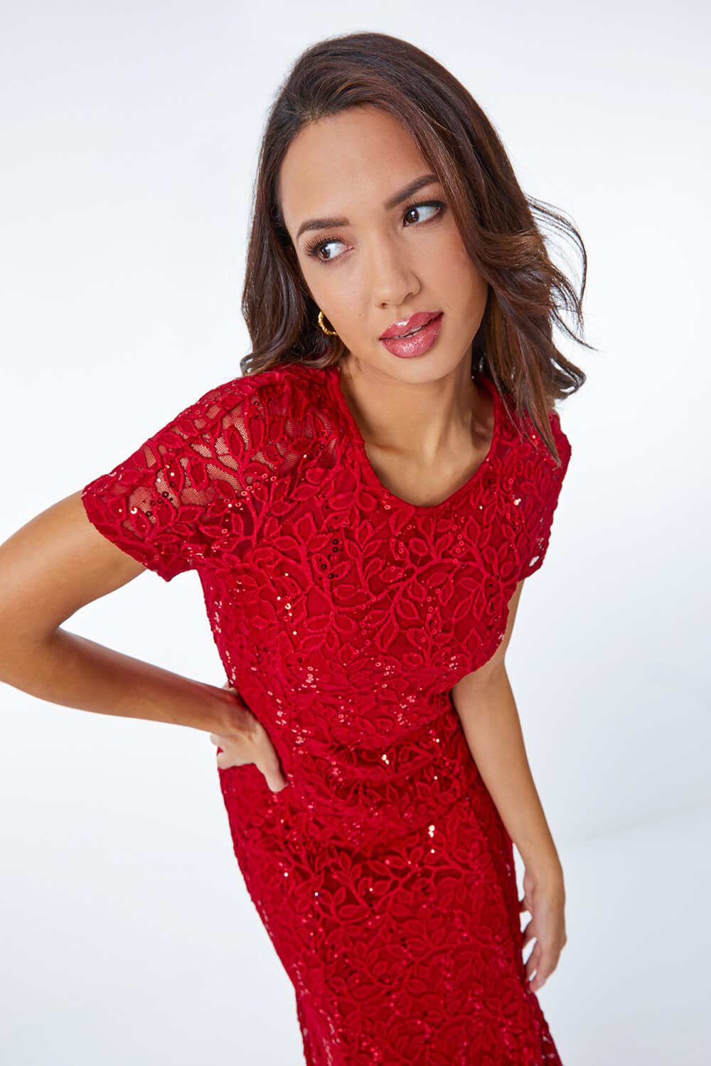 Red Leaf Lace Sequin Midi Dress, Image 4 of 5