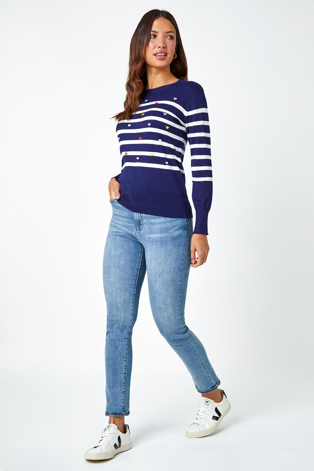 Navy  Heart Embroidered Stripe Jumper, Image 2 of 5