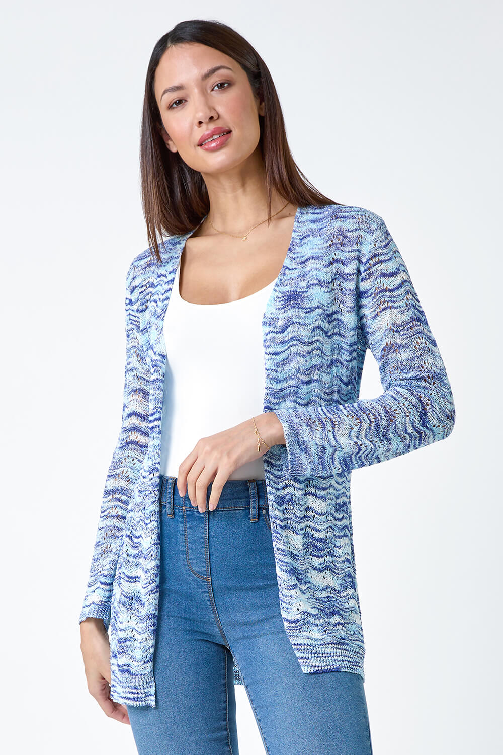 Blue Wave Print Pointelle Knit Cardigan, Image 2 of 5