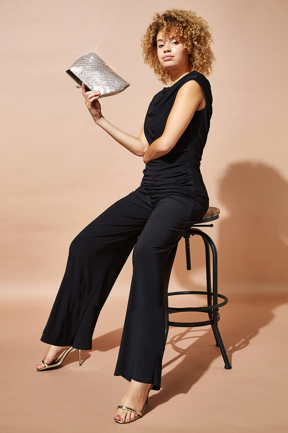 Black Cowl Neck Ruched Stretch Jumpsuit, Image 5 of 6