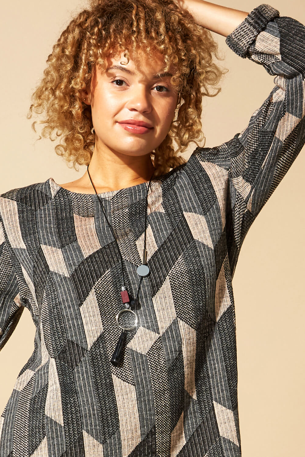 Taupe Geometric Aztec Print Necklace Top, Image 4 of 4