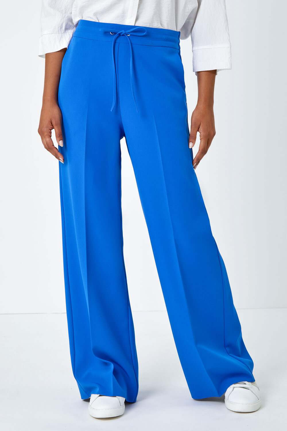 Royal Blue Wide Leg Tie Front Stretch Trouser, Image 4 of 5