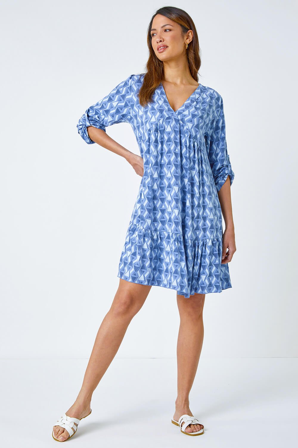 Blue Geometric Print Relaxed Smock Dress, Image 4 of 5