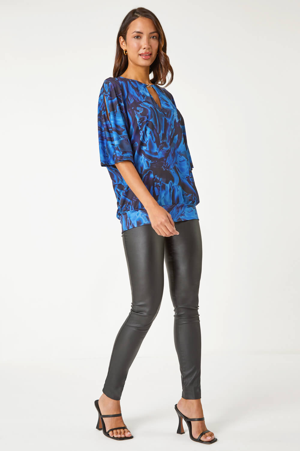 Blue Abstract Print Split Sleeve Stretch Top, Image 2 of 5