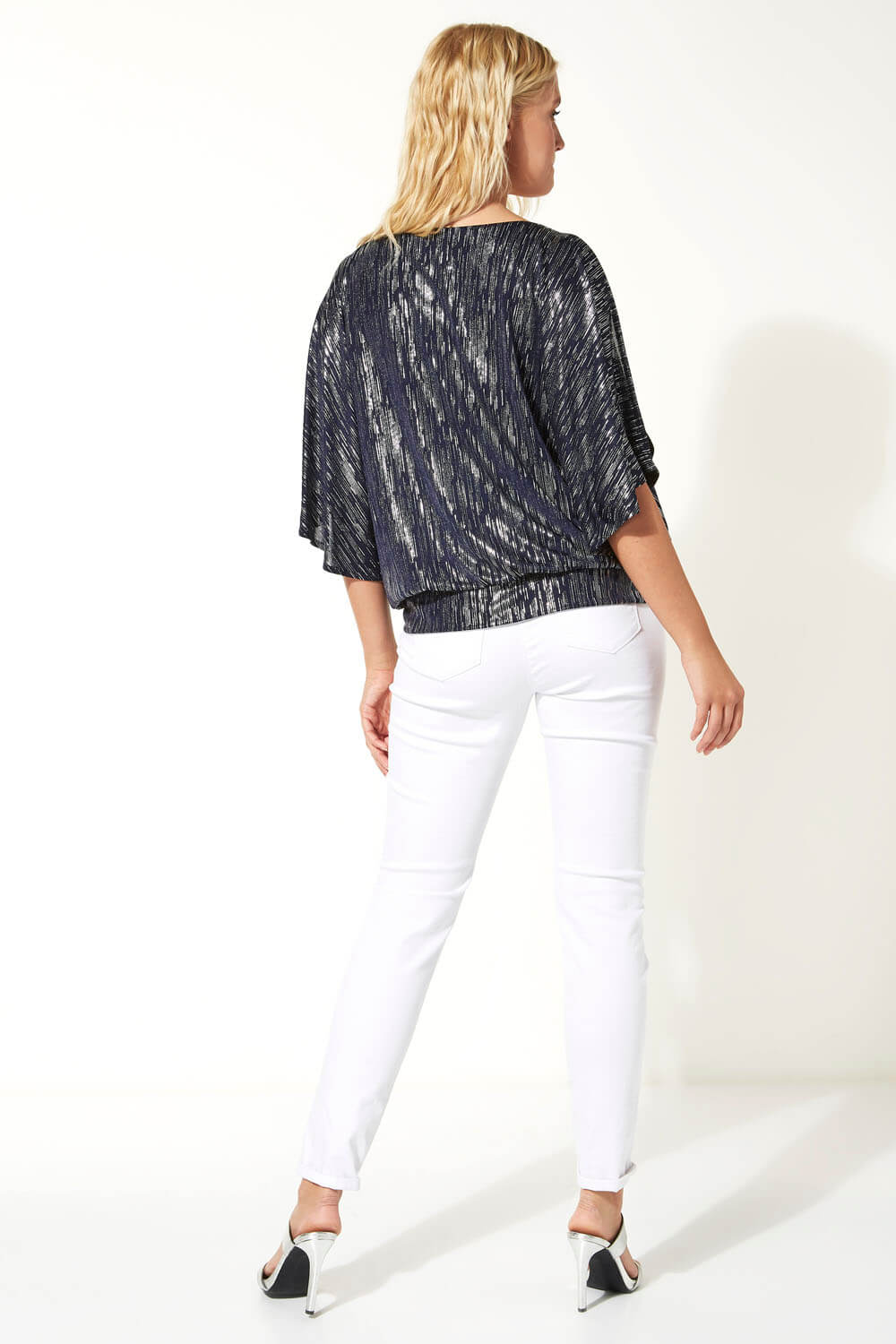 Navy  Shimmer Blouson Tie Top, Image 3 of 5