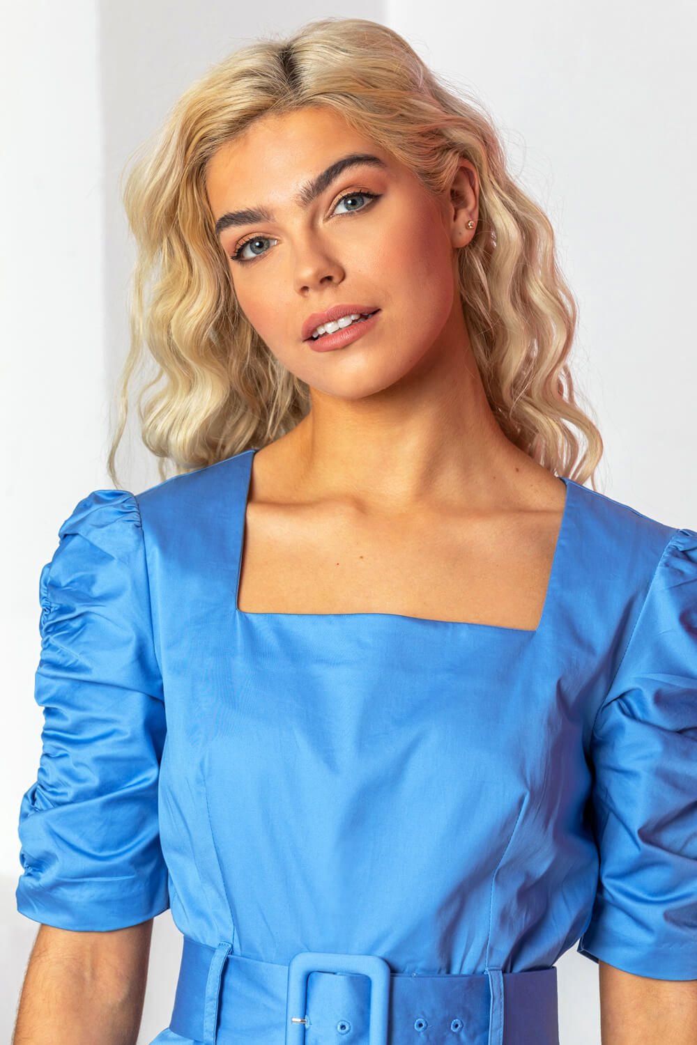 Blue Belted Ruched Sleeve Dress, Image 4 of 5