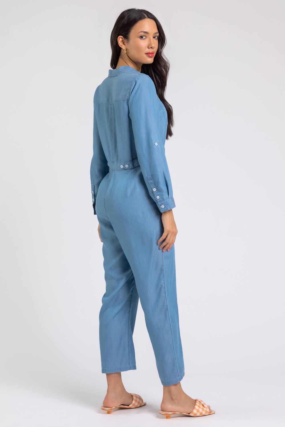 Denim Buttoned Collar Utility Jumpsuit, Image 2 of 5