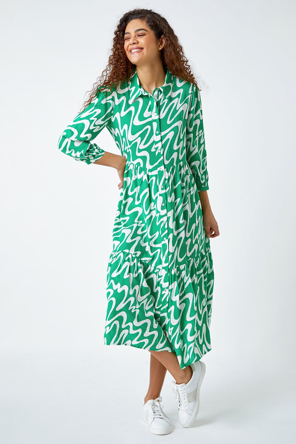 Green Wave Print Tiered Shirt Dress, Image 6 of 6