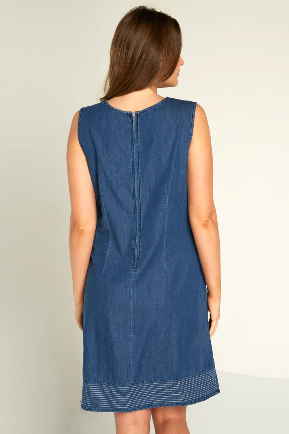 Blue V-Neck Denim Shift Dress, Image 2 of 3