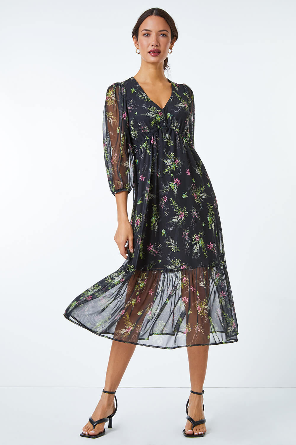 Green Floral Print Midi Stretch Dress Roman Uk