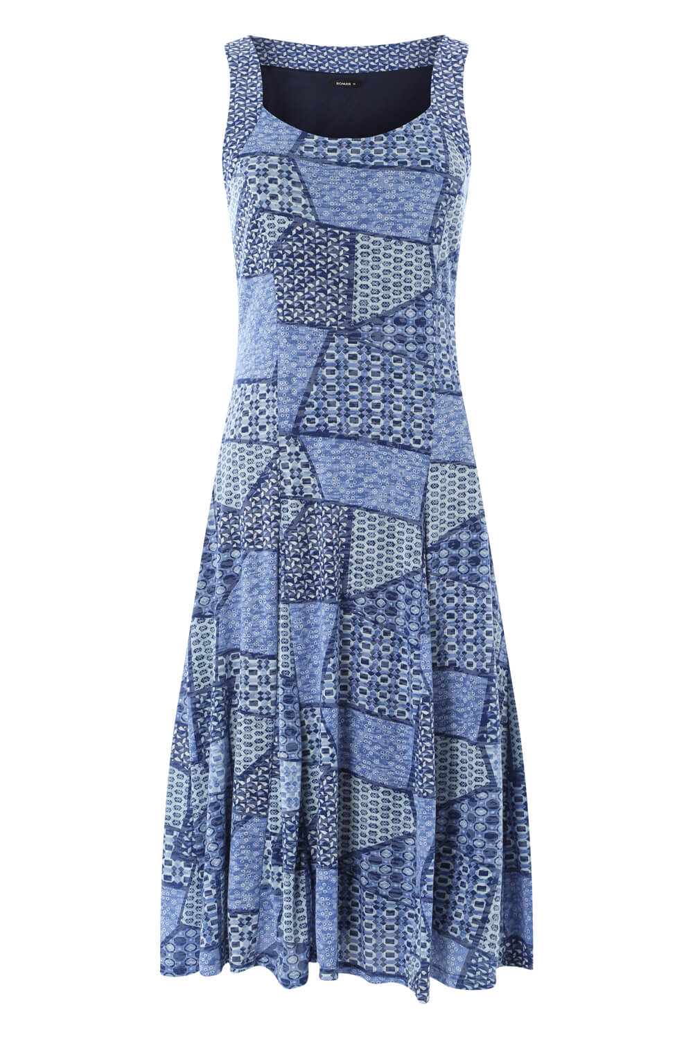 Blue Geo Print Fit and Flare Dress, Image 4 of 4