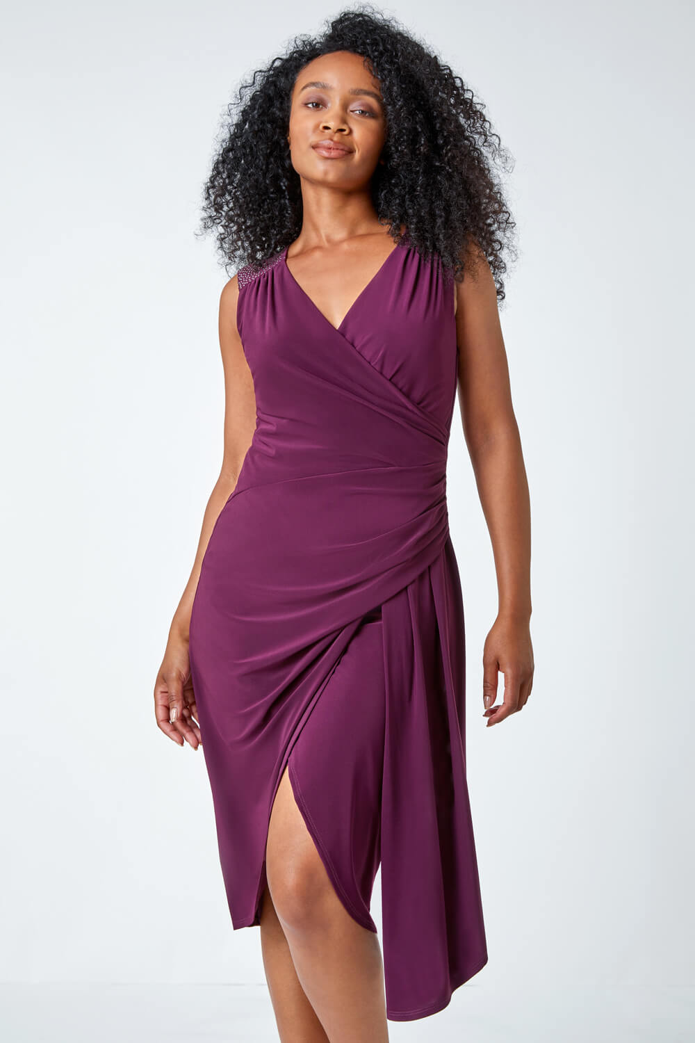Plum Petite Embellished Ruched Stretch Dress, Image 2 of 5