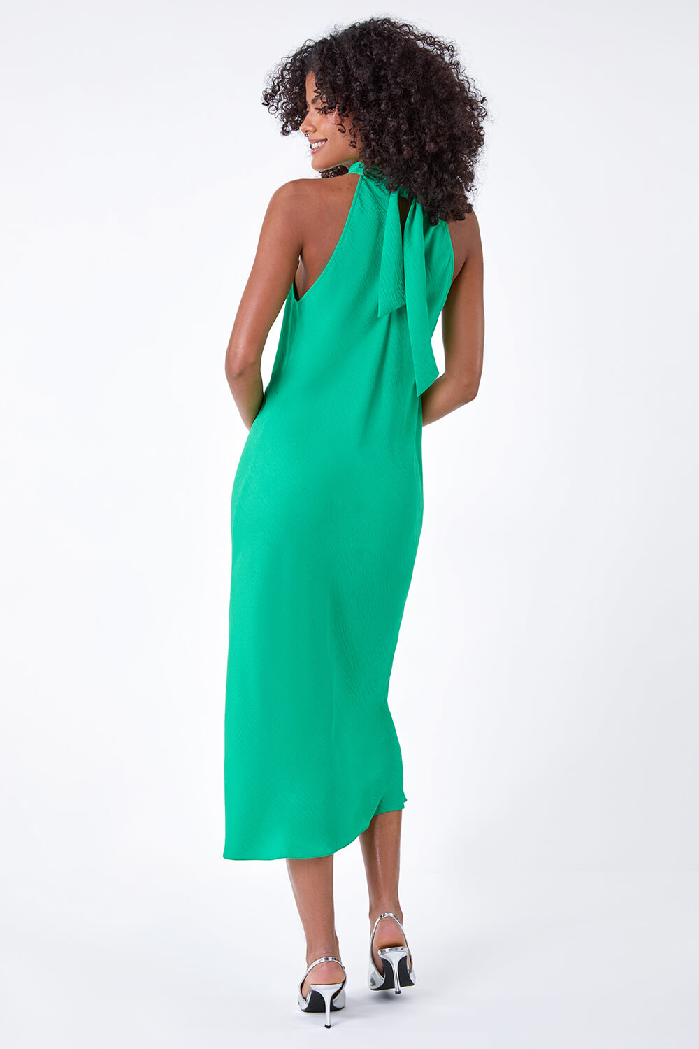 Green Plain Woven Halterneck Midi Dress, Image 3 of 6