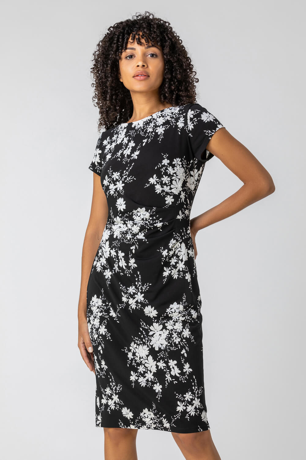 Floral Puff Print Side Ruched Dress