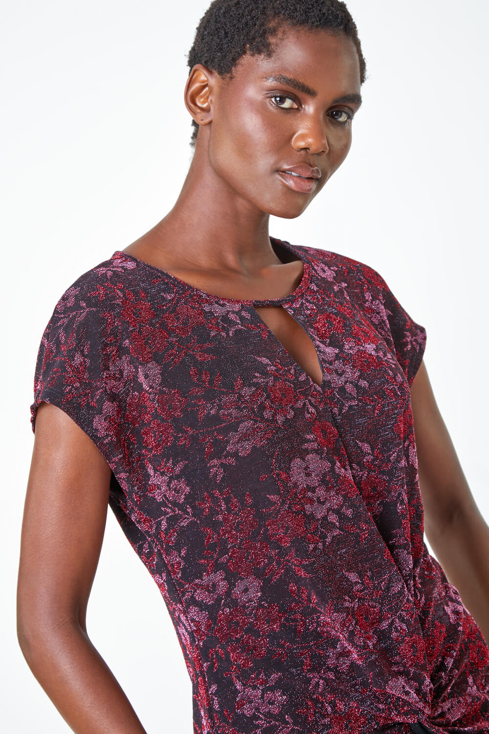 Floral Shimmer Print Knot Stretch Top