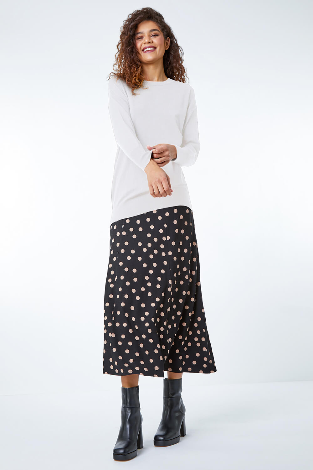 Black Stretch Midi Polka Dot Skirt, Image 2 of 5