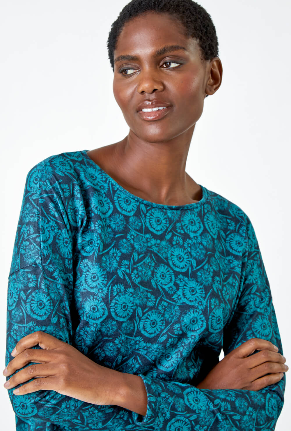 Teal Floral Soft Stretch Jersey Top, Image 4 of 5