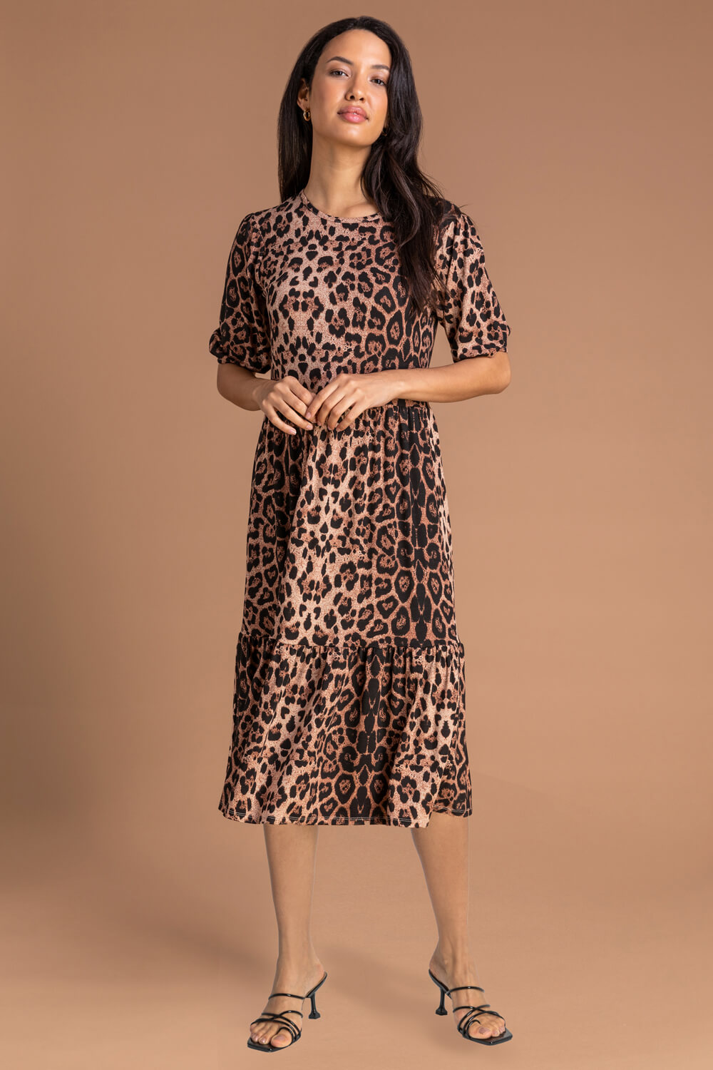 Brown Animal Print Tiered Dress, Image 3 of 4