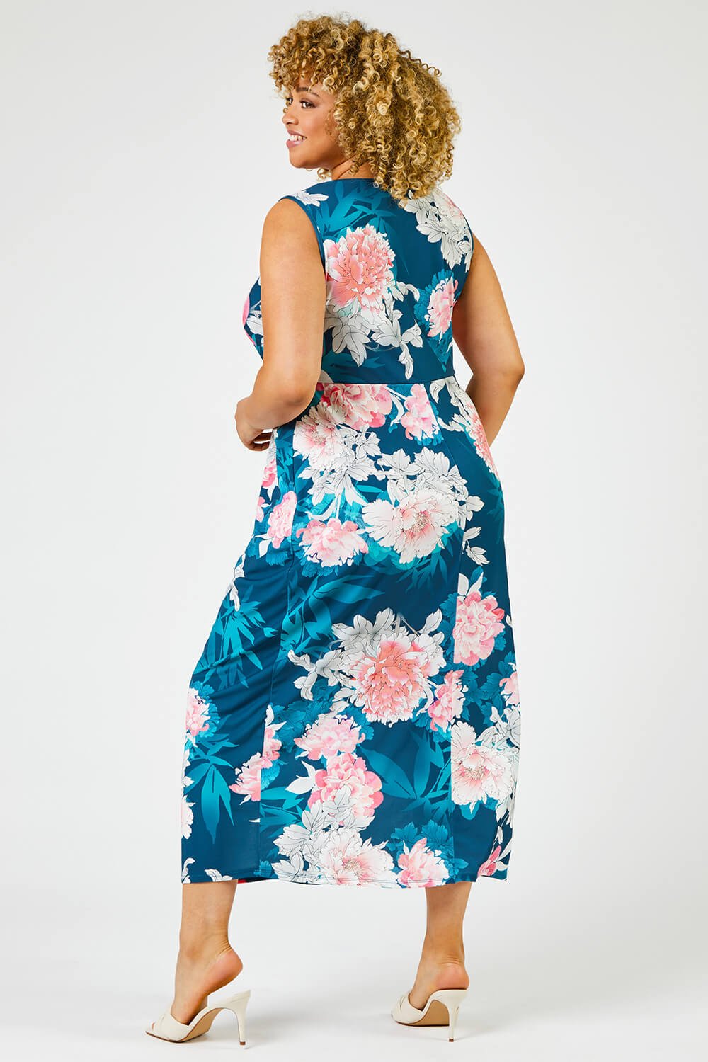 Teal Curve Floral Print Twist Ruched Midi Dress, Image 2 of 5