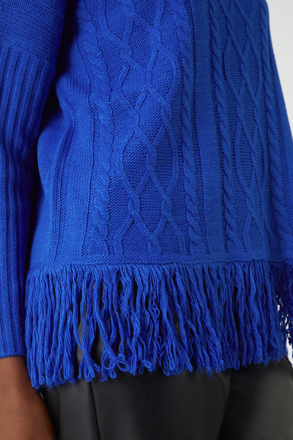 Blue Cable Knit Roll Neck Fringed Jumper, Image 6 of 6