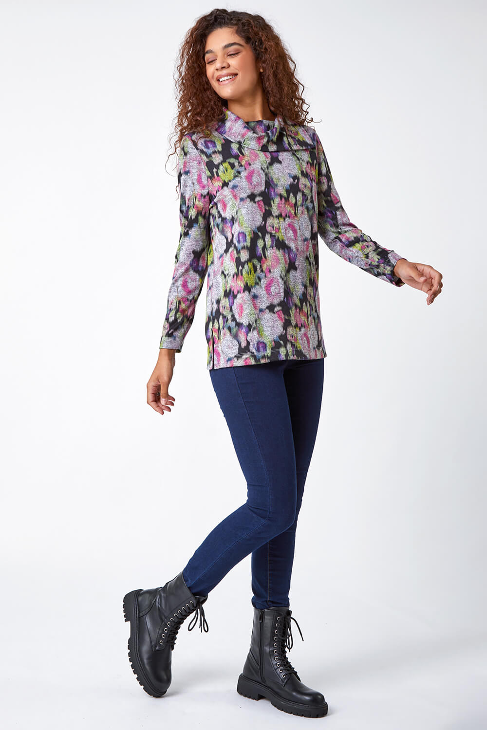 Grey Floral Print Fold Neck Stretch Top, Image 2 of 5