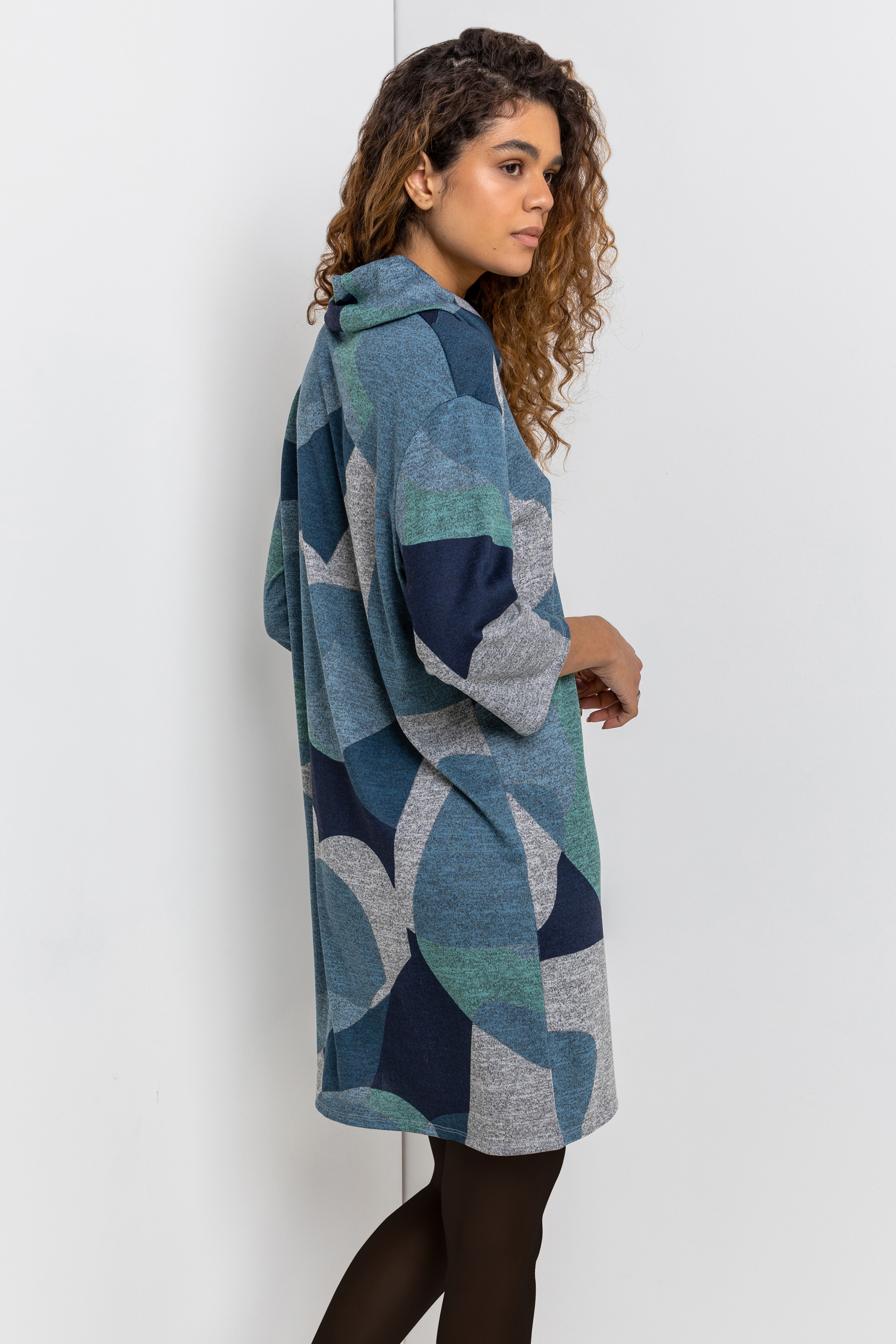 Blue Abstract Print Cowl Neck Dress, Image 2 of 4