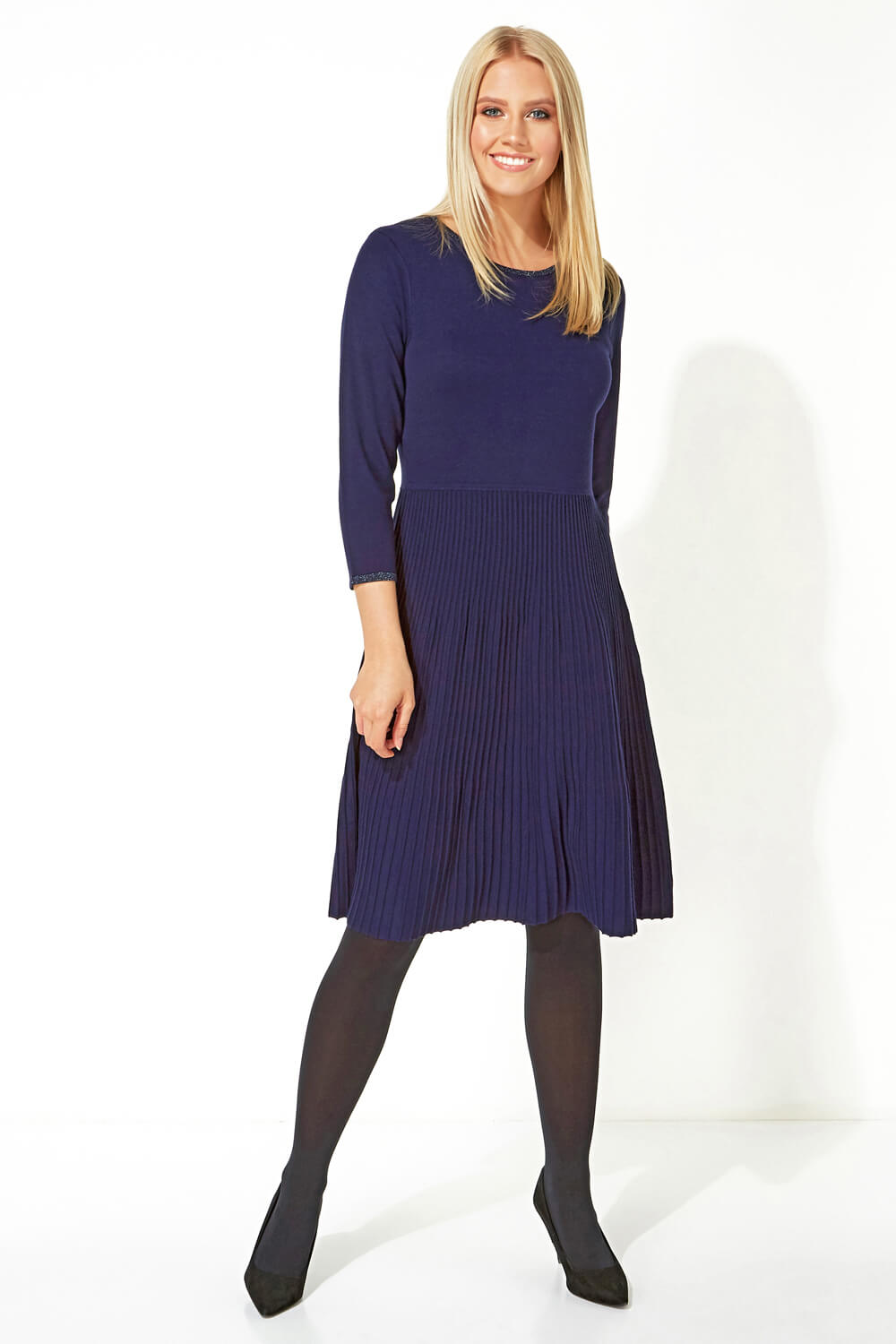 Navy  Fit and Flare Knitted Dress, Image 2 of 5
