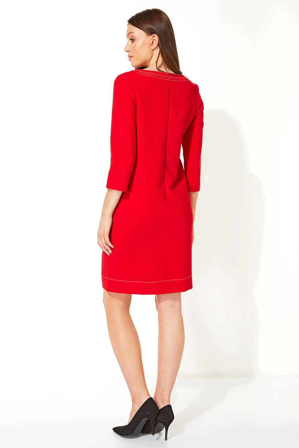 Red 3/4 Sleeve Top Stitch Shift Dress, Image 4 of 5