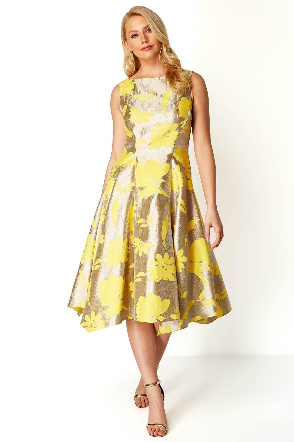 Yellow Floral Jacquard Fit and Flare Midi Dress, Image 2 of 5