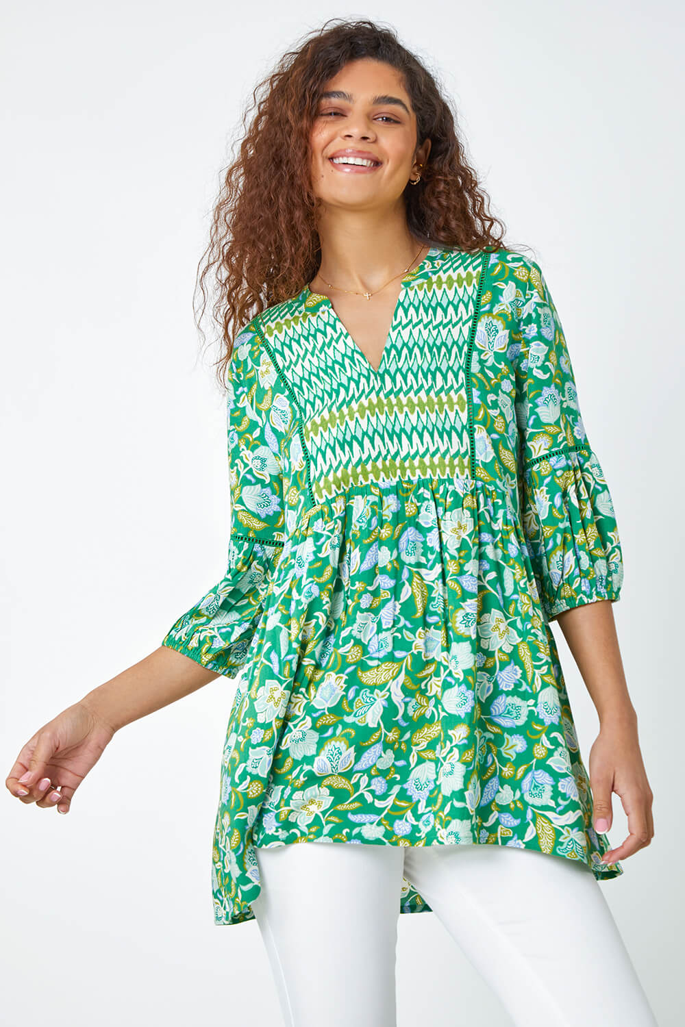 Green Cotton Abstract Floral Ladder Trim Top | Roman UK