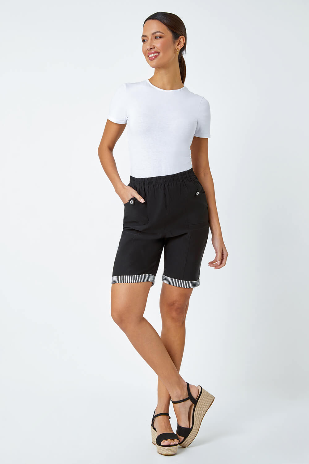 Black Contrast Detail Stretch Shorts, Image 2 of 5